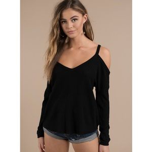 Free People Cold Shoulder Waffle Shirt, Black, M